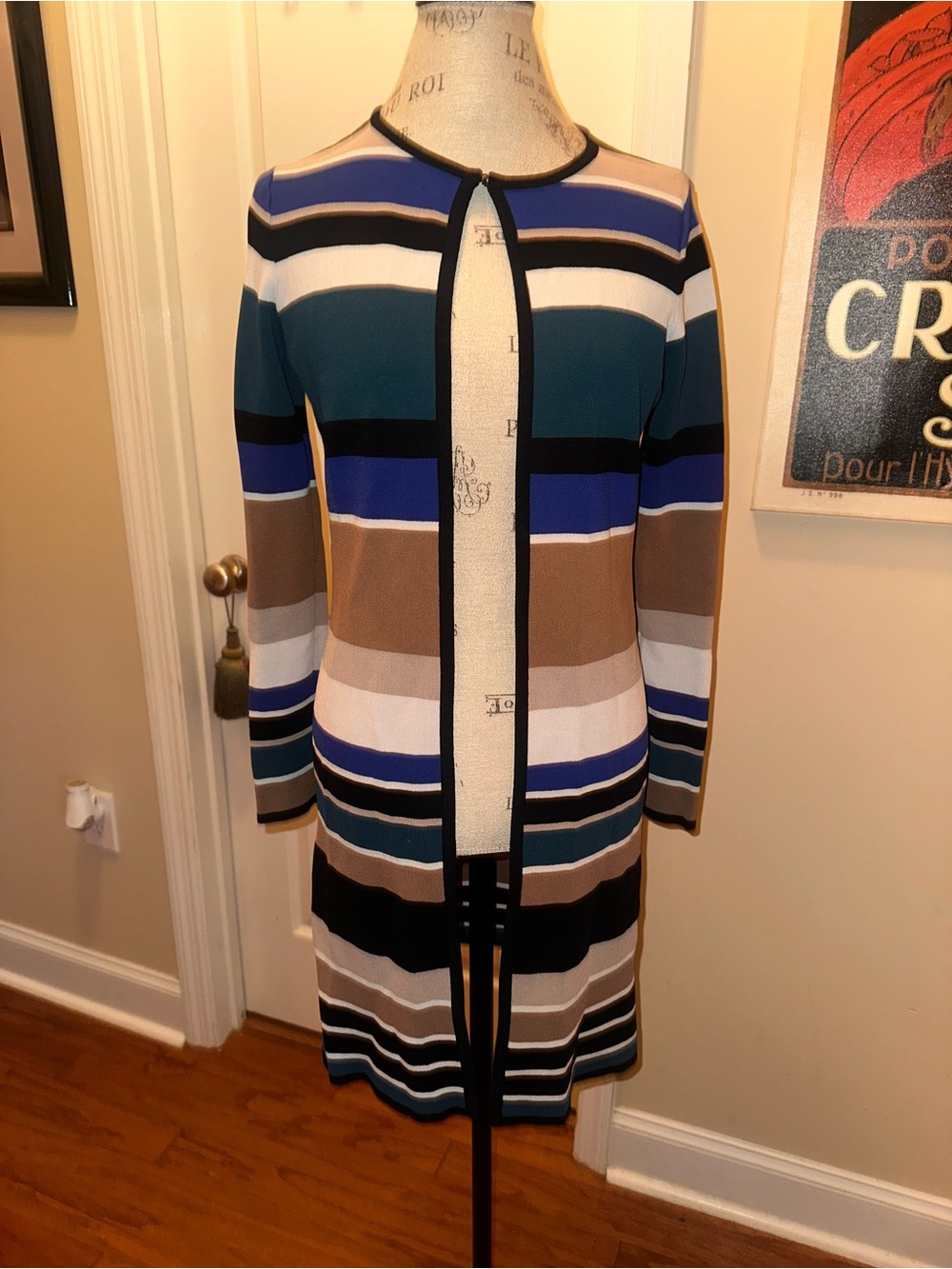 Calvin Klein Long Striped Open Cardigan in Blue, Teal & Brown